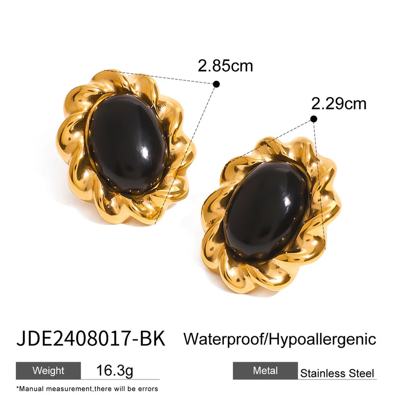 Uworld Stainless Steel 18K PVD Gold Plated Black Stone Earrings Statement Golden Metal for Women Bijoux Femme Gala Giftсерьги