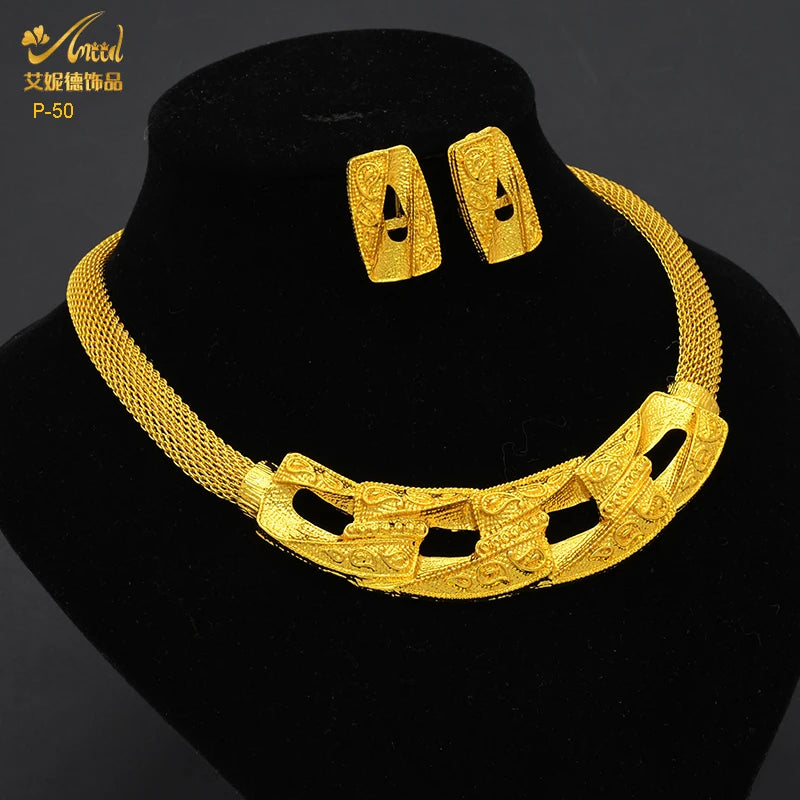 ANIID African Gold Color Jewelry Set For Women Indian Choker Necklace Earring Nigerian 24K Gold Plated Jewellery Dubai Wedding