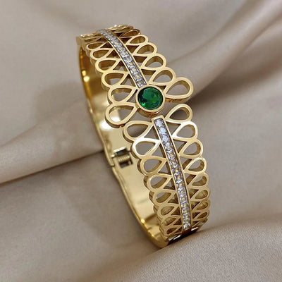 Luxury Stainless Steel Cuff Bracelet For Women Mens Gold Silver Color Couple Bracelets Green White Rhinestone Wide Bangle Gift