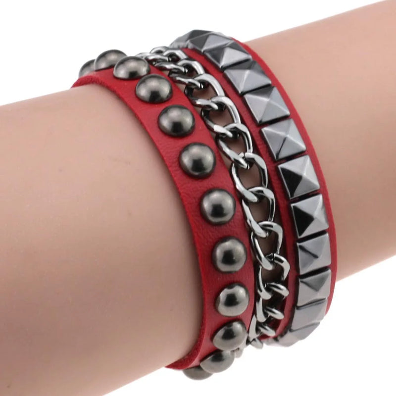 Boho Spike Rivets Bracelets For Women Punk Goth Red PU Leather Bracelet Cuff Bangles Studded Halloween Festival Jewelry Harajuku