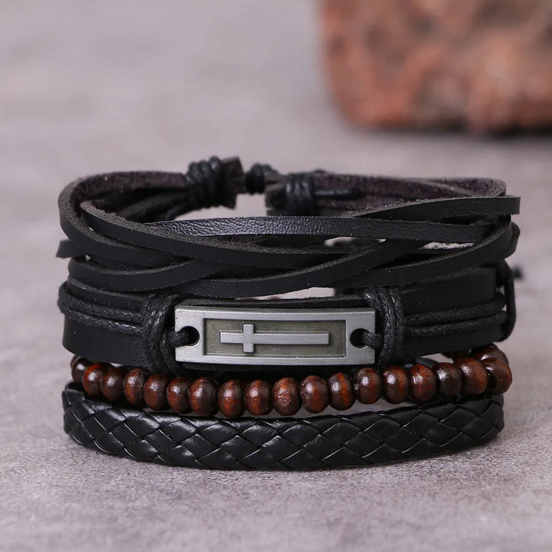 Fashion Black Bead Leather Bracelets For Men Multilayer Bracelet & Bangles Super Cross Punk Rock Bracelet & Bangles Accessories