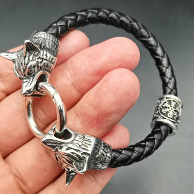 dropshipping 1pcs rune bead Wolf Head leather Bracelet Stainless Steel viking Bracelet bangle for Men jewelry