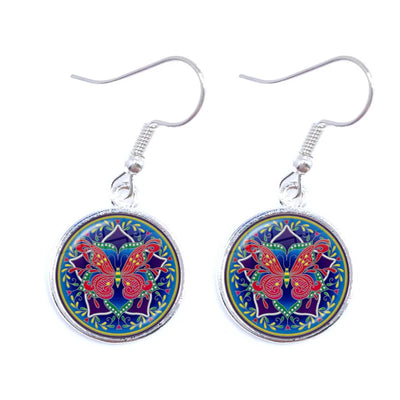 Mandala Picture Drop Earrings Henna Yoga Om Symbol Zen Buddhism 16mm Glass Cabochon Dome Jewellery For Women Girls Gift