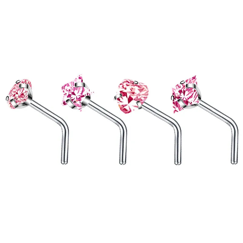 4PCS/Set Surgical Steel Heart Nose Ring Set Real Star L Shape Nose Stud Set Square Nose Rings And Studs Bulk Piercing Nariz Lote