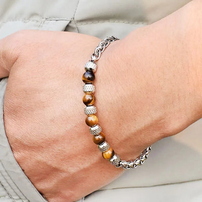 New 2021 6MM Adjustable Unique Natural Tiger Eye Stone Men's Beaded Bracelet Stainless Steel Cuban Link Chain Bracelets