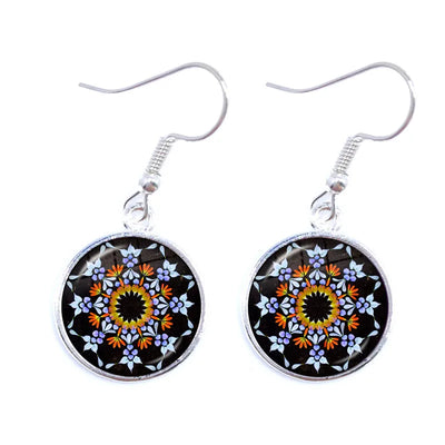 Mandala Picture Drop Earrings Henna Yoga Om Symbol Zen Buddhism 16mm Glass Cabochon Dome Jewellery For Women Girls Gift