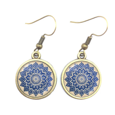 Mandala Picture Drop Earrings Henna Yoga Om Symbol Zen Buddhism 16mm Glass Cabochon Dome Jewellery For Women Girls Gift