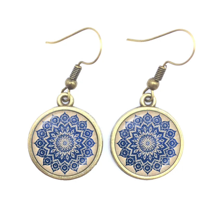 Mandala Picture Drop Earrings Henna Yoga Om Symbol Zen Buddhism 16mm Glass Cabochon Dome Jewellery For Women Girls Gift