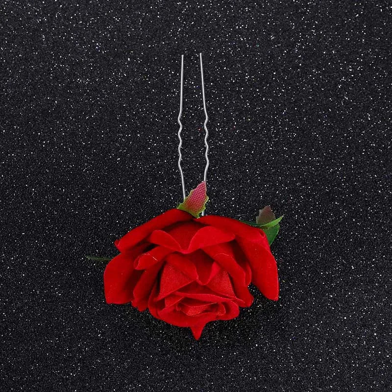 U Shaped Red Hairpins Hair Clips Wedding Hair Accessories For Women Rose Flower Headpieces Forks Bride Headdress Hair Jewelry