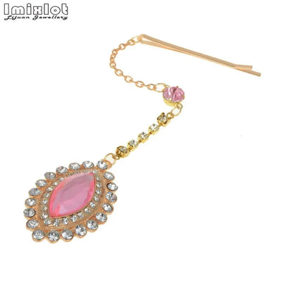 Imixlot Teardrop Pink Crystal Pendant Hairpin Bindi Hair Clip Chain Tikka Indian Head Piece Dancer Party Jewelry Accessories