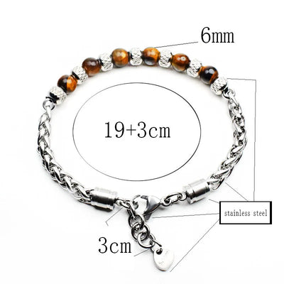 New 2021 6MM Adjustable Unique Natural Tiger Eye Stone Men's Beaded Bracelet Stainless Steel Cuban Link Chain Bracelets