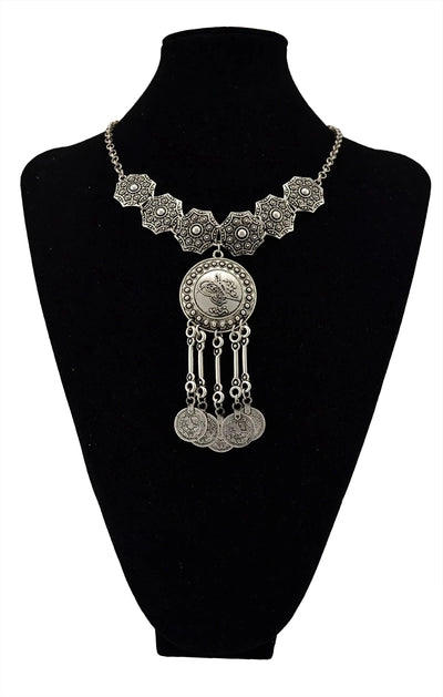 Boho Retro Silver Color Hollow Flower Coin Big Pendant Choker Necklace Earrings Hairband Set Indian Afghan Gypsy Ethnic Jewelry