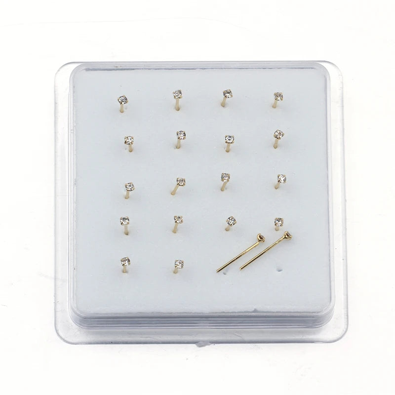 1set 20 Pcs Straight Pin Nose Stud With 1.5mm Crystal Nose Piercing Body Jewelry Nose Studs Rings Piercing Pin Body Jewelry