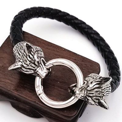 dropshipping 1pcs rune bead Wolf Head leather Bracelet Stainless Steel viking Bracelet bangle for Men jewelry