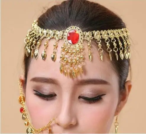 indian jewelry head Accessories Golden Finger Bracelet Shining Red Crystal Girl&