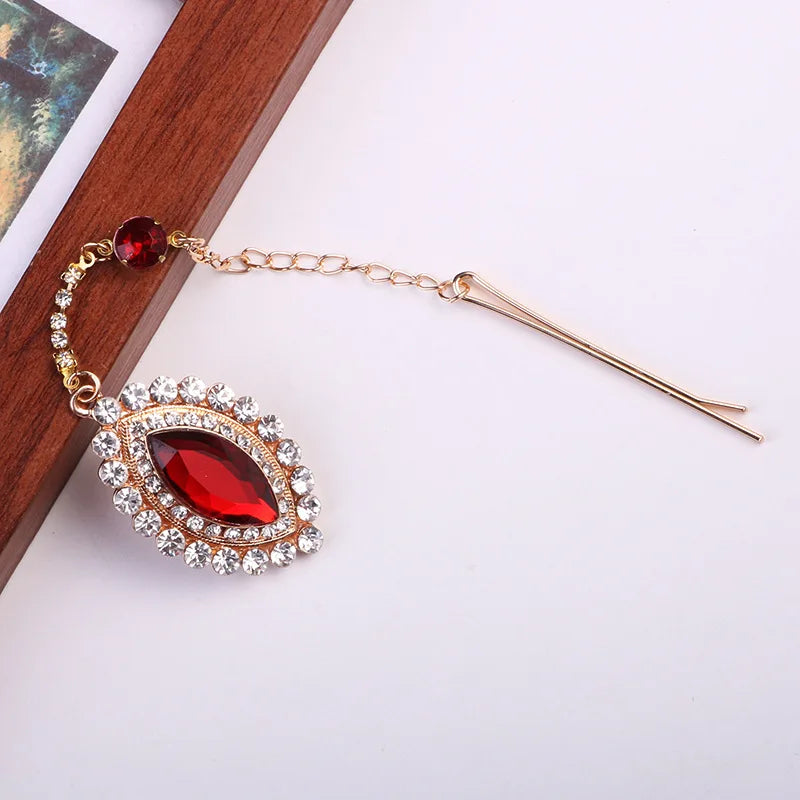 High Quality Red Pink Elegant India Style Crystal Hairpin Clips Forehead Pendant Jewelry Bride Noiva Bridal Wedding Headwear