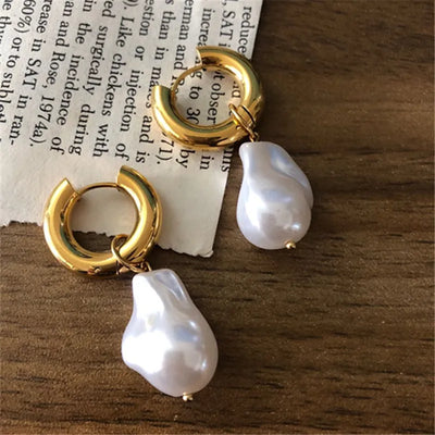 Stainless Steel Ear Clips Vintage Imitation Baroque Pearl Dangle Earrings Women Jewelry, Party Gift, Fashion