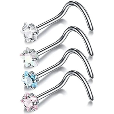 4PCS/Set Surgical Steel Heart Nose Ring Set Real Star L Shape Nose Stud Set Square Nose Rings And Studs Bulk Piercing Nariz Lote