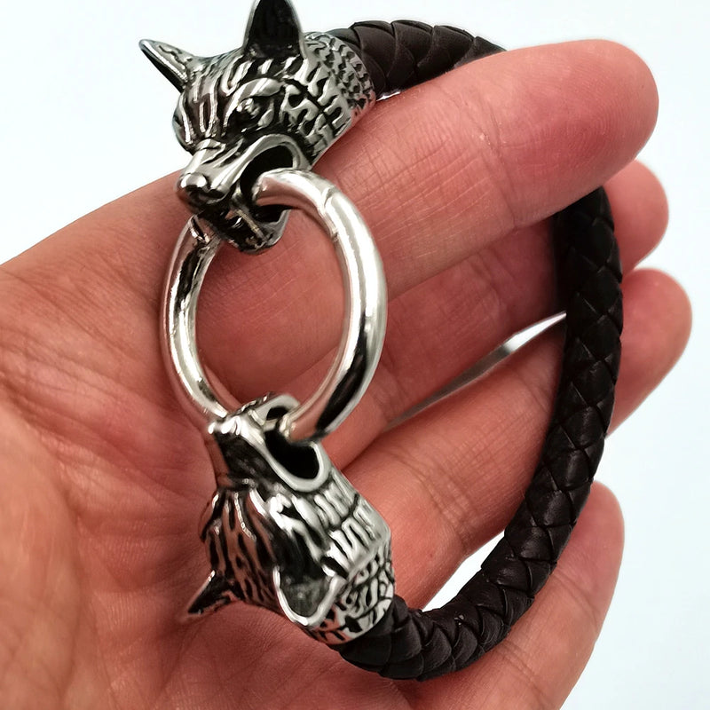 dropshipping 1pcs rune bead Wolf Head leather Bracelet Stainless Steel viking Bracelet bangle for Men jewelry