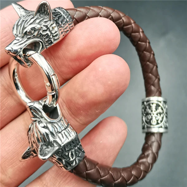 dropshipping 1pcs rune bead Wolf Head leather Bracelet Stainless Steel viking Bracelet bangle for Men jewelry