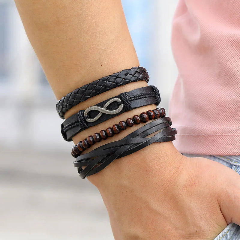 Fashion Black Bead Leather Bracelets For Men Multilayer Bracelet & Bangles Super Cross Punk Rock Bracelet & Bangles Accessories