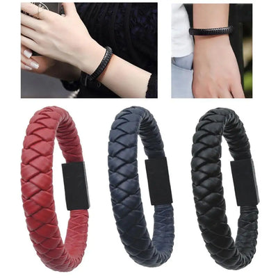 Mini Type-C Micro USB Charging Bracelet Data Cable PunkMen Jewelry Braided Leather Bracelet Magnetic Clasp Bangle Pulsera Hombre