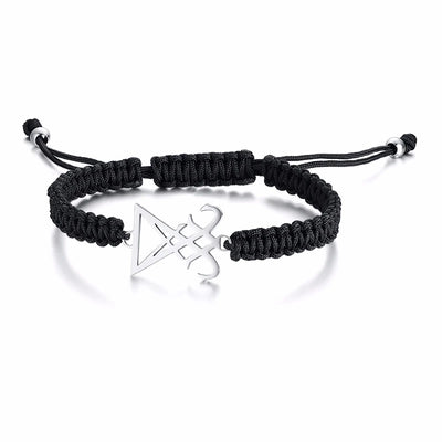 ADJUSTABLE BLACK BRAIDED WITH STAINLESS STEEL SATANIC LEVIATHAN CROSS SIGIL OF LUCIFER BRACELET FOR MEN UNISEX JEWELRY