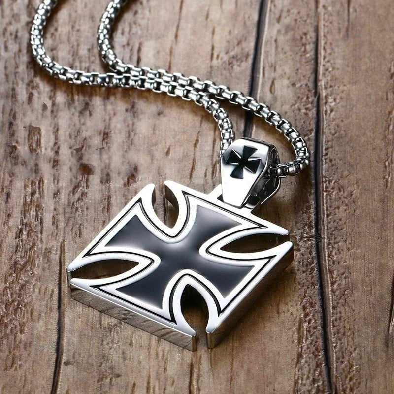 Black Enamel Maltese Cross Temple Templar Knight Cross Men Pendant Necklace