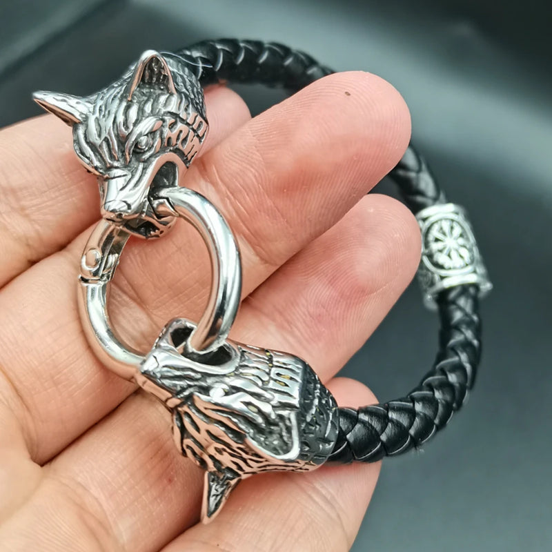 dropshipping 1pcs rune bead Wolf Head leather Bracelet Stainless Steel viking Bracelet bangle for Men jewelry