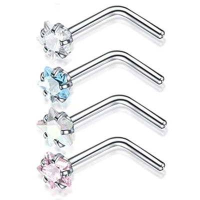 4PCS/Set Surgical Steel Heart Nose Ring Set Real Star L Shape Nose Stud Set Square Nose Rings And Studs Bulk Piercing Nariz Lote