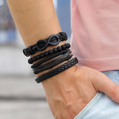 Fashion Black Bead Leather Bracelets For Men Multilayer Bracelet & Bangles Super Cross Punk Rock Bracelet & Bangles Accessories