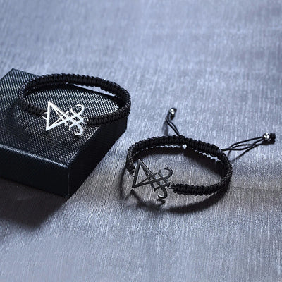 ADJUSTABLE BLACK BRAIDED WITH STAINLESS STEEL SATANIC LEVIATHAN CROSS SIGIL OF LUCIFER BRACELET FOR MEN UNISEX JEWELRY