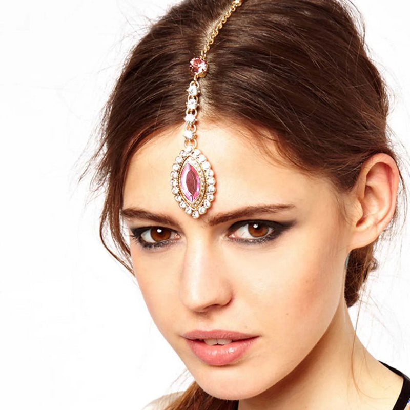 Indian Forehead Jewelry with Hairpin for Women Girls Bridal Wedding Rhinestone Head Chain Jewelry Headpieces Hair Accessories