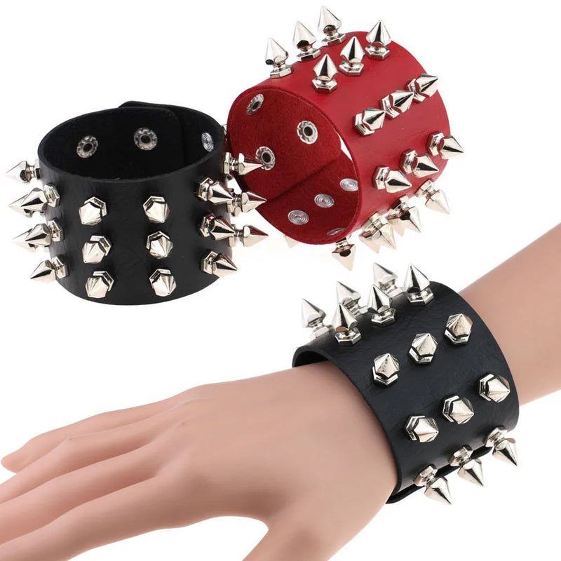 Boho Spike Rivets Bracelets For Women Punk Goth Red PU Leather Bracelet Cuff Bangles Studded Halloween Festival Jewelry Harajuku