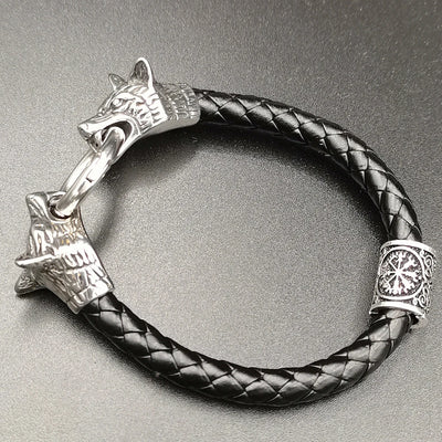 dropshipping 1pcs rune bead Wolf Head leather Bracelet Stainless Steel viking Bracelet bangle for Men jewelry