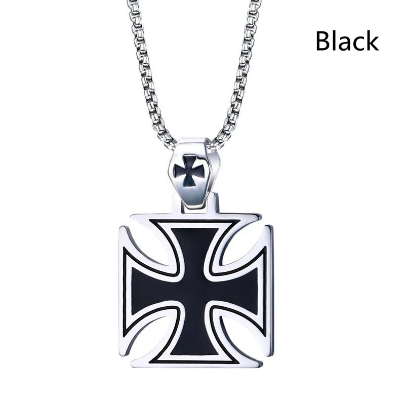 Black Enamel Maltese Cross Temple Templar Knight Cross Men Pendant Necklace