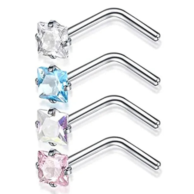 4PCS/Set Surgical Steel Heart Nose Ring Set Real Star L Shape Nose Stud Set Square Nose Rings And Studs Bulk Piercing Nariz Lote