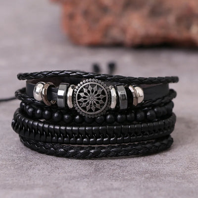 Fashion Black Bead Leather Bracelets For Men Multilayer Bracelet & Bangles Super Cross Punk Rock Bracelet & Bangles Accessories