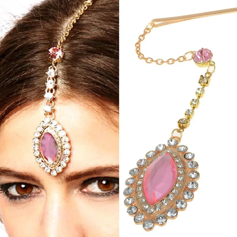 Imixlot Teardrop Pink Crystal Pendant Hairpin Bindi Hair Clip Chain Tikka Indian Head Piece Dancer Party Jewelry Accessories