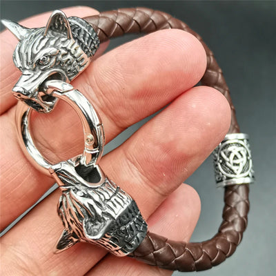 dropshipping 1pcs rune bead Wolf Head leather Bracelet Stainless Steel viking Bracelet bangle for Men jewelry