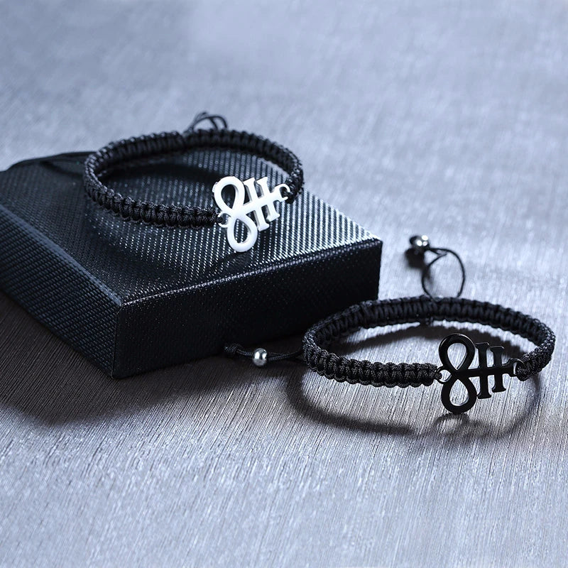 ADJUSTABLE BLACK BRAIDED WITH STAINLESS STEEL SATANIC LEVIATHAN CROSS SIGIL OF LUCIFER BRACELET FOR MEN UNISEX JEWELRY