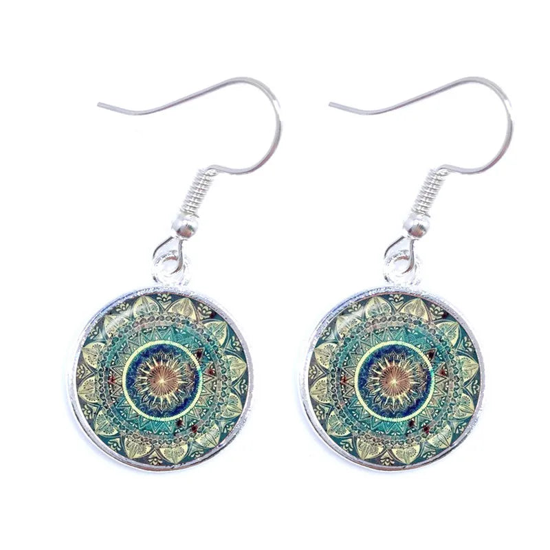 Mandala Picture Drop Earrings Henna Yoga Om Symbol Zen Buddhism 16mm Glass Cabochon Dome Jewellery For Women Girls Gift