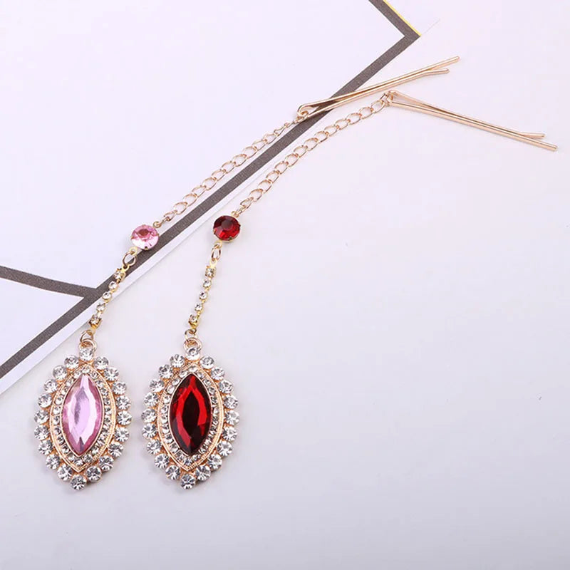 High Quality Red Pink Elegant India Style Crystal Hairpin Clips Forehead Pendant Jewelry Bride Noiva Bridal Wedding Headwear