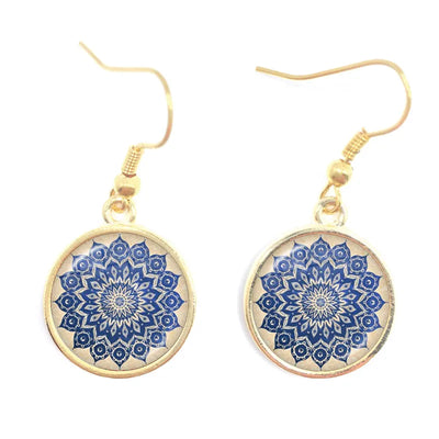 Mandala Picture Drop Earrings Henna Yoga Om Symbol Zen Buddhism 16mm Glass Cabochon Dome Jewellery For Women Girls Gift