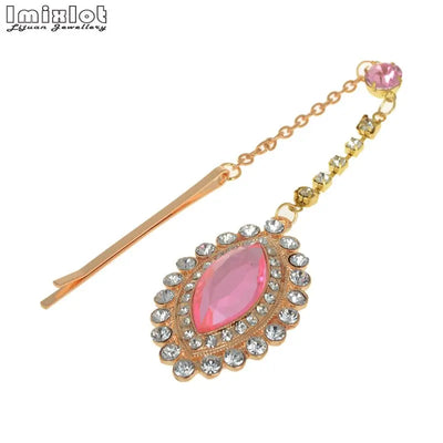 Imixlot Teardrop Pink Crystal Pendant Hairpin Bindi Hair Clip Chain Tikka Indian Head Piece Dancer Party Jewelry Accessories