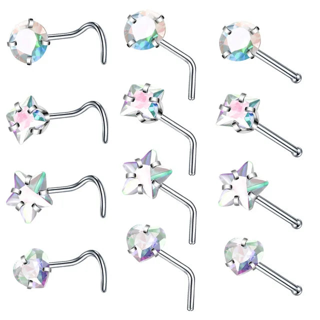 4PCS/Set Surgical Steel Heart Nose Ring Set Real Star L Shape Nose Stud Set Square Nose Rings And Studs Bulk Piercing Nariz Lote