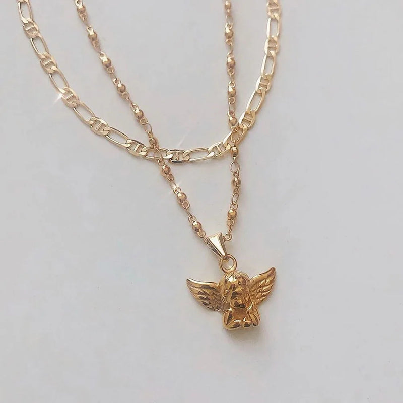 Bohemia Multilayer Cherub Pendant Chain Necklace For Women Trendy Gold-plate Big Thick Chain Necklaces 2021 Jewelry