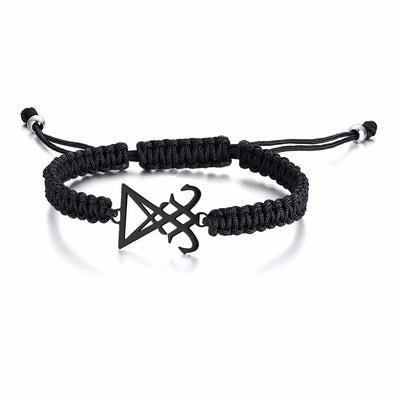 ADJUSTABLE BLACK BRAIDED WITH STAINLESS STEEL SATANIC LEVIATHAN CROSS SIGIL OF LUCIFER BRACELET FOR MEN UNISEX JEWELRY