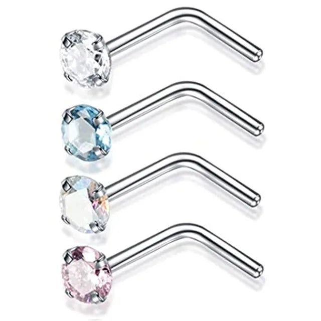 4PCS/Set Surgical Steel Heart Nose Ring Set Real Star L Shape Nose Stud Set Square Nose Rings And Studs Bulk Piercing Nariz Lote