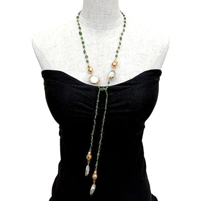 Y.YING Natural Green Diopside Cultured White Coin Pearl Long sweater chain Necklace 41"